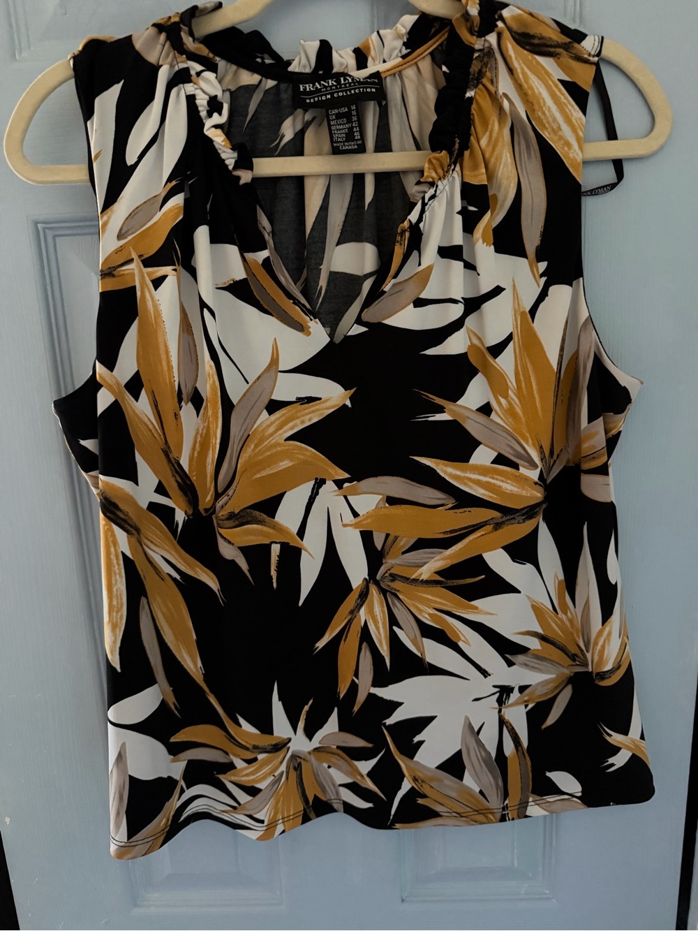 Frank Lyman Design Black, White & Mustard Floral V-Neck Sleeveless Top